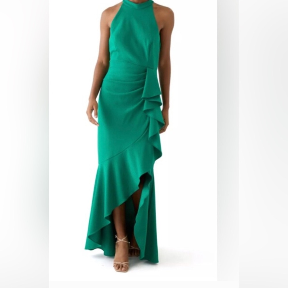 Adam Emerald Green High-Neck Ruffle High-Low Dress